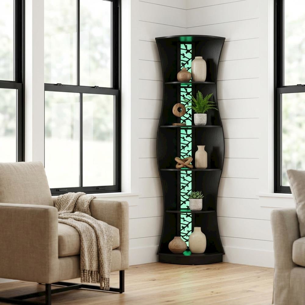 Contemporary 5-Shelf Corner Bookcase with Built-in LED Light