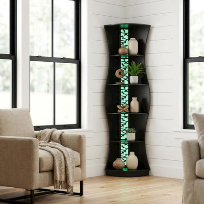 Contemporary 5-Shelf Corner Bookcase with Built-in LED Light