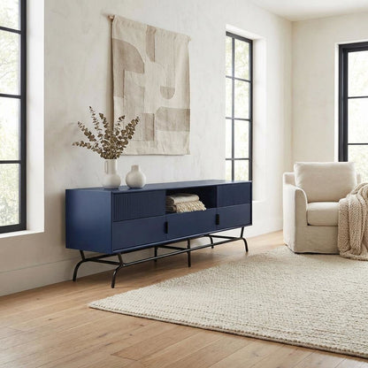 Blue TV Stand for 65-inch TVs with 3 Drawers in Engineered Wood