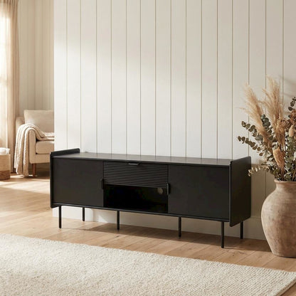Black modern TV stand with storage drawers and cabinet doors