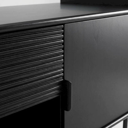 Black modern TV stand with storage drawers and cabinet doors