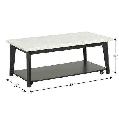 White Marble and Wood Coffee Table with Rectangle Top and Durable Build