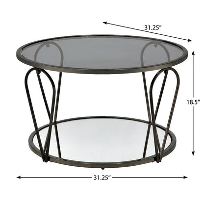 Gray Metal 1-Shelf Coffee Table with Tempered Glass and Mirror Accents