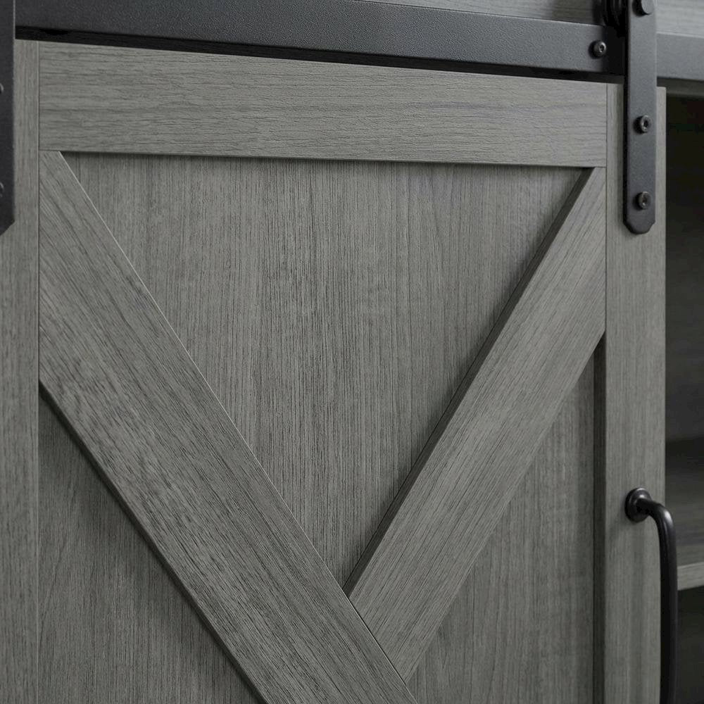 Grey farmhouse TV stand for 56-inch screens in engineered wood construction