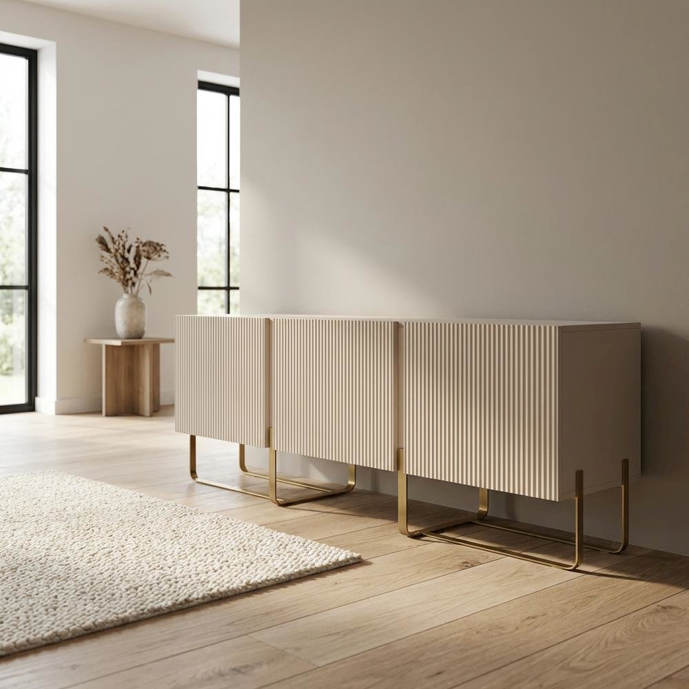 Beige Modern Wood TV Stand with 3 Cabinets for Living Room Storage