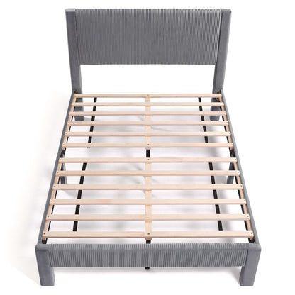 Gray Upholstered Wooden Full Size Bed Frame with Headboard – Modern Bed Platform