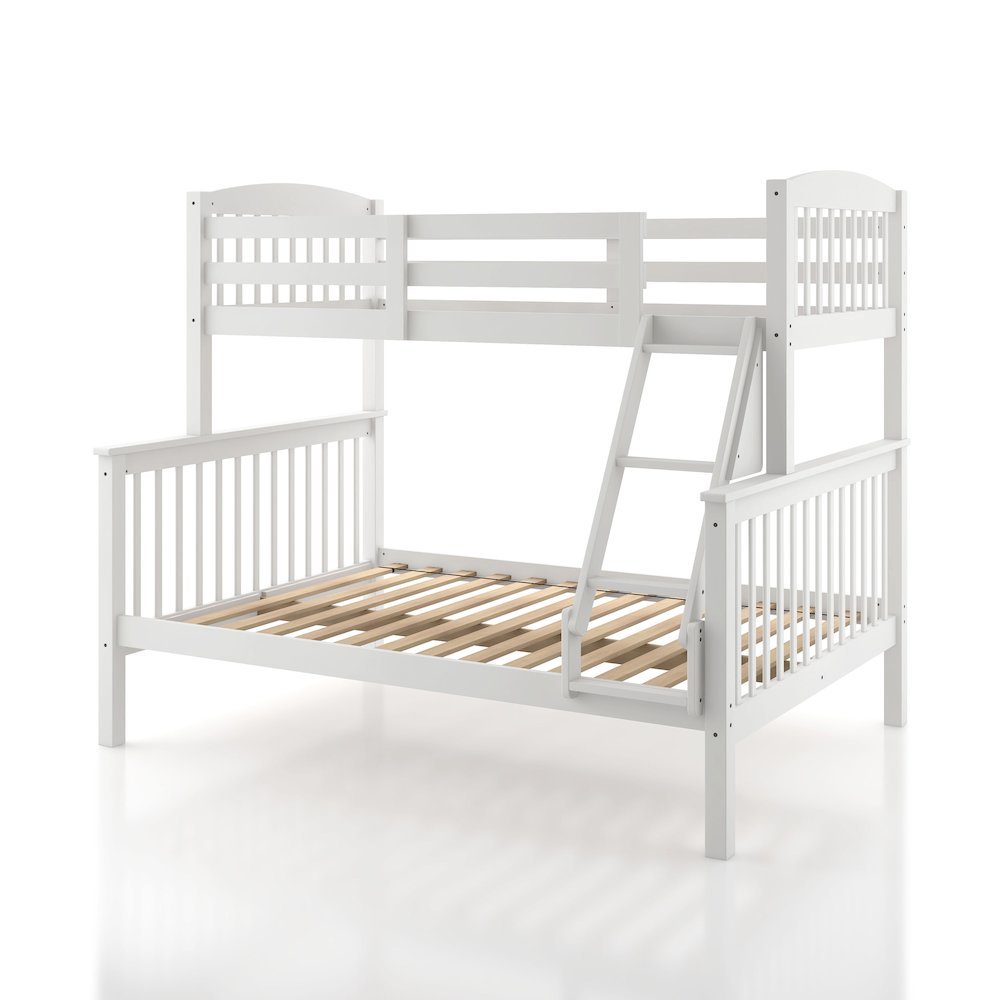 White Wooden Bunk Beds Twin Over Full Size with Ladder and Guard Rails