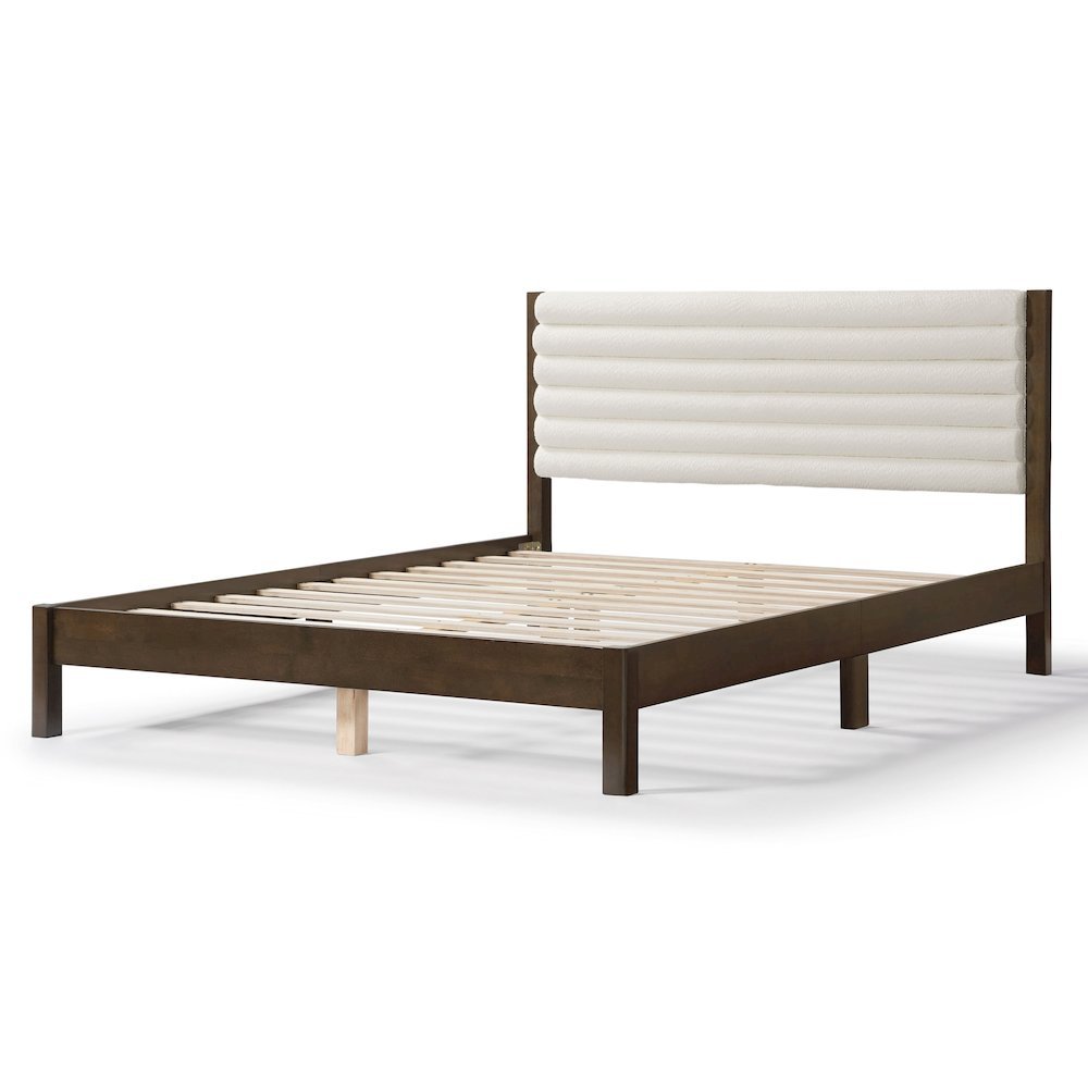 White Boucle Upholstered Queen Bed Frame with Headboard - Modern Design