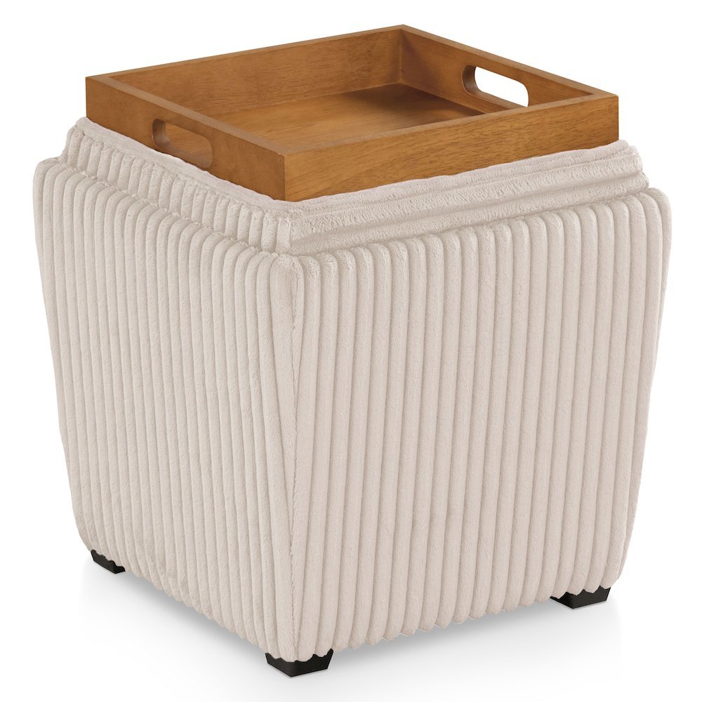 Beige Pink Storage Ottoman with Flip Top Tray – Upholstered Ottoman Table