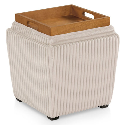 Beige Pink Storage Ottoman with Flip Top Tray – Upholstered Ottoman Table