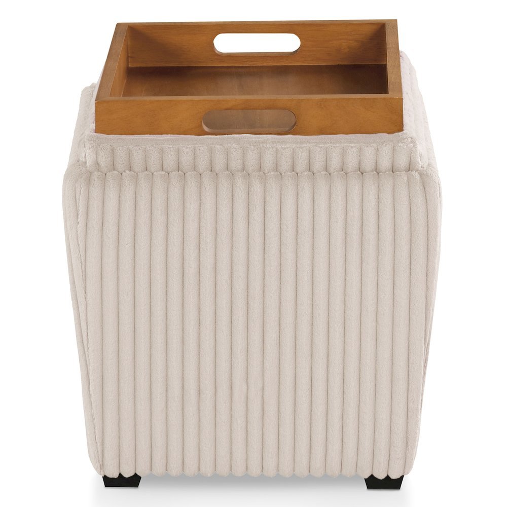 Beige Pink Storage Ottoman with Flip Top Tray – Upholstered Ottoman Table