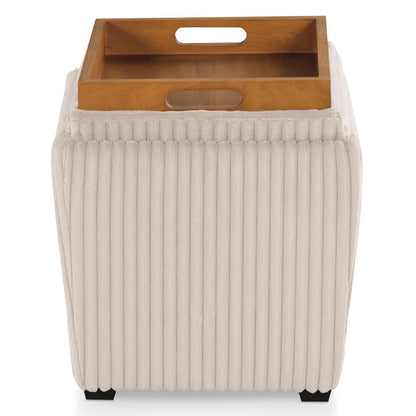 Beige Pink Storage Ottoman with Flip Top Tray – Upholstered Ottoman Table