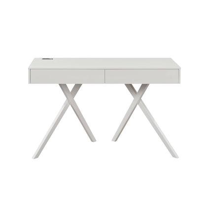 White Wood Desk with Storage – Small Desk with 2 Drawers, 2 USB Ports, Outlets