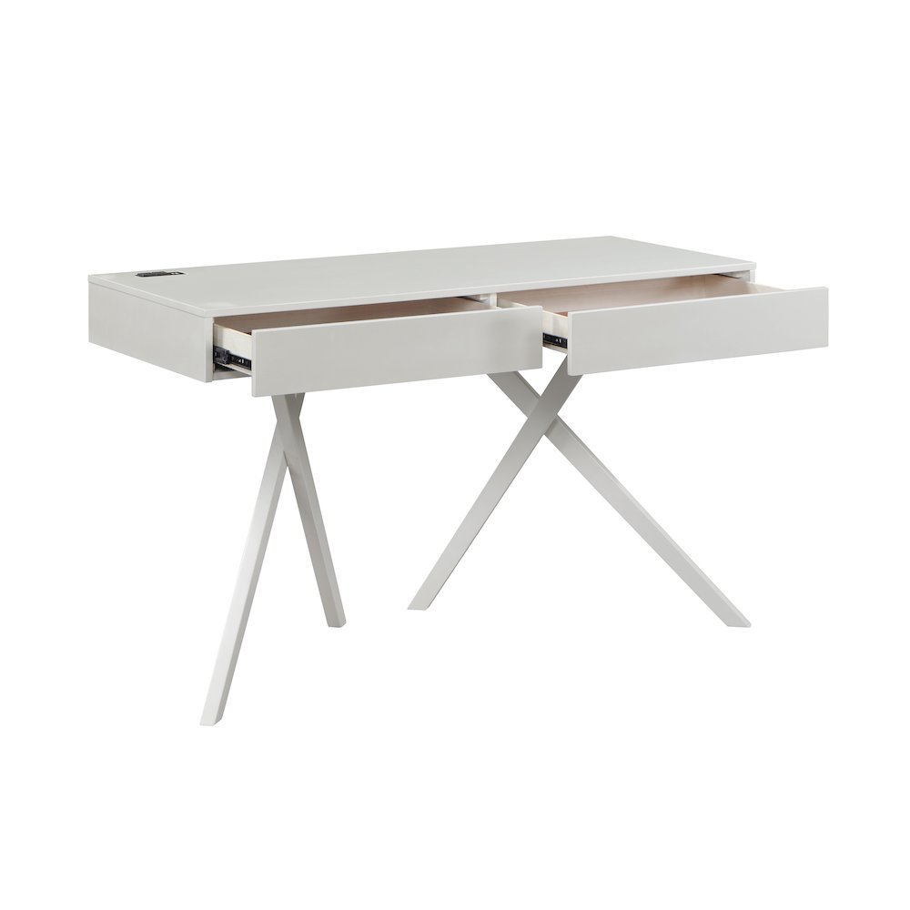 White Wood Desk with Storage – Small Desk with 2 Drawers, 2 USB Ports, Outlets