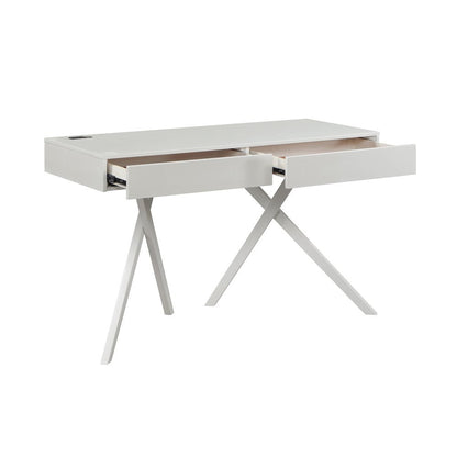 White Wood Desk with Storage – Small Desk with 2 Drawers, 2 USB Ports, Outlets