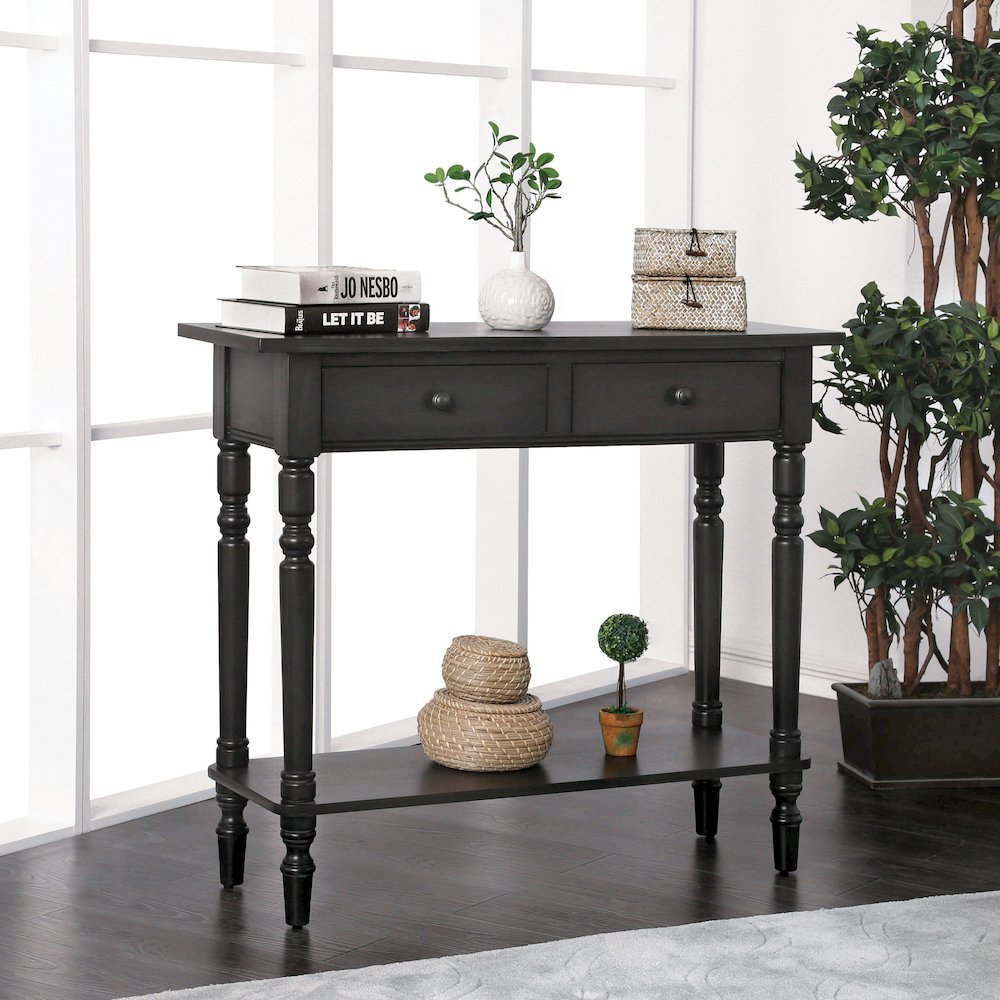 Gray Narrow Console Table – Entryway Table with 2 Drawers and Storage Shelf