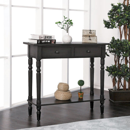 Gray Narrow Console Table – Entryway Table with 2 Drawers and Storage Shelf