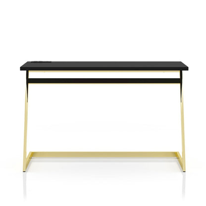 Black Writing Desk – 47.25 Inch Brass Plated Frame Computer Desk with USB