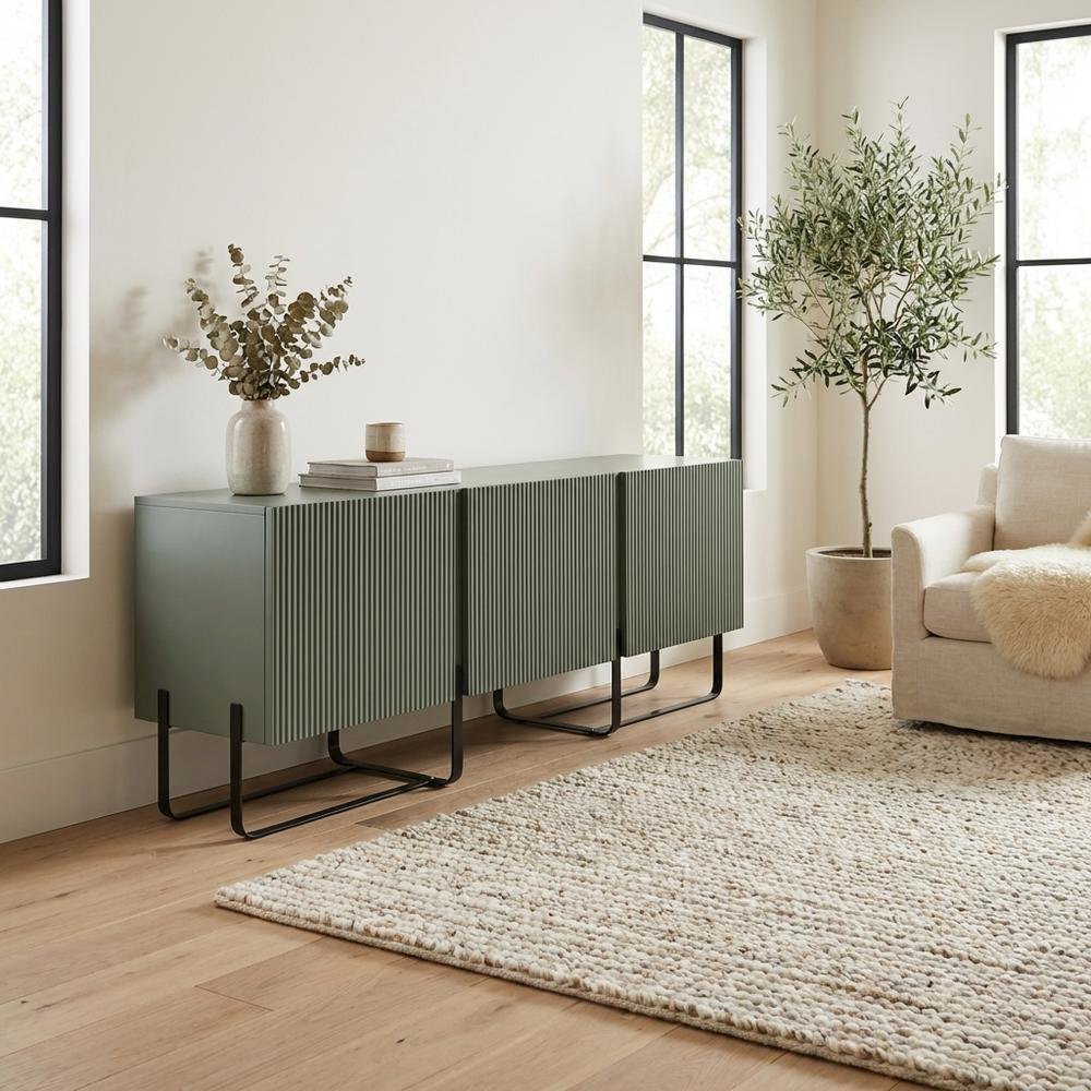 Modern wood TV stand with 3 cabinets for living rooms