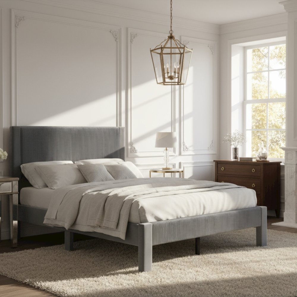 Gray Upholstered Wooden Full Size Bed Frame with Headboard – Modern Bed Platform