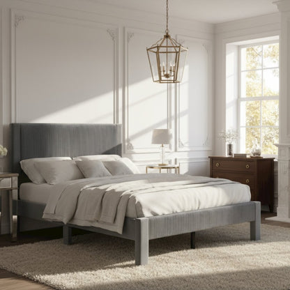 Gray Upholstered Wooden Full Size Bed Frame with Headboard – Modern Bed Platform