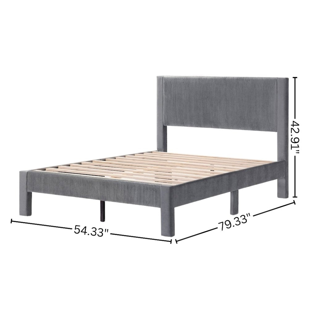 Gray Upholstered Wooden Full Size Bed Frame with Headboard – Modern Bed Platform