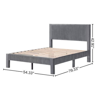 Gray Upholstered Wooden Full Size Bed Frame with Headboard – Modern Bed Platform