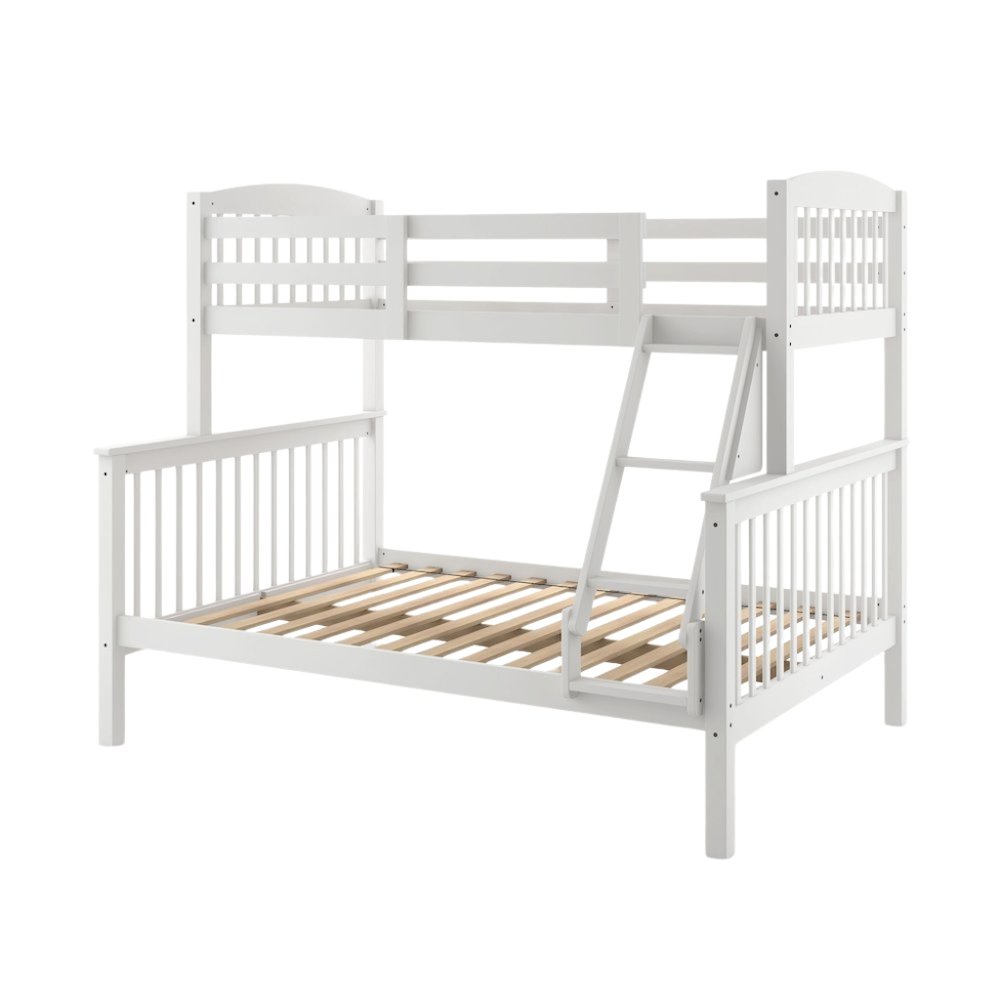 White Wooden Bunk Beds Twin Over Full Size with Ladder and Guard Rails
