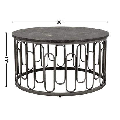 Gray Round 36 Inch Marble Coffee Table with Modern Metal Base