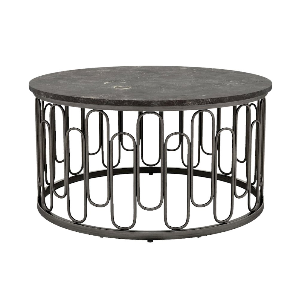 Gray Round 36 Inch Marble Coffee Table with Modern Metal Base