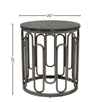 Gray Marble Top Round End Table with Black Iron Base – Small Marble End Table