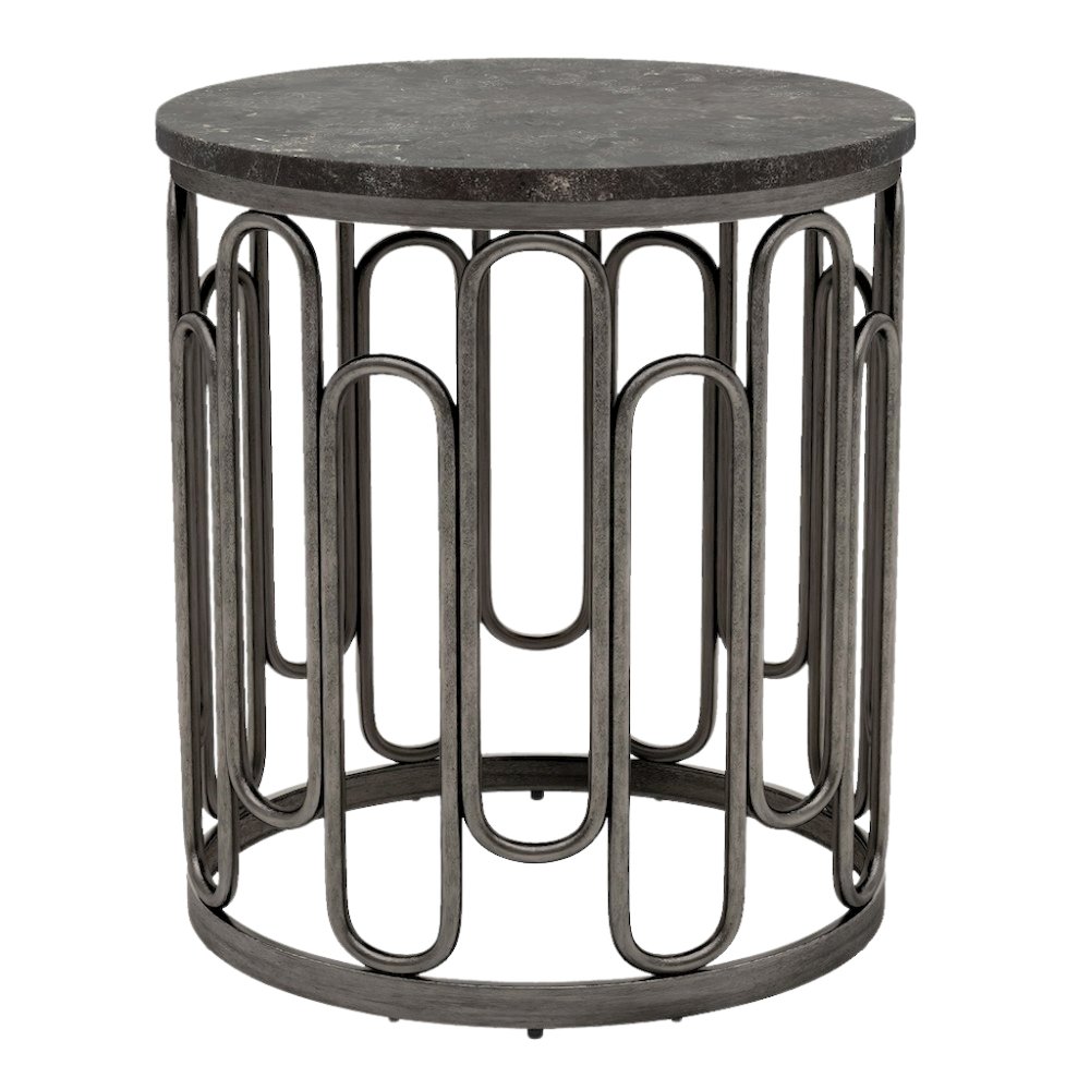 Gray Marble Top Round End Table with Black Iron Base – Small Marble End Table