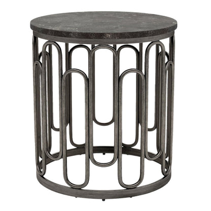 Gray Marble Top Round End Table with Black Iron Base – Small Marble End Table