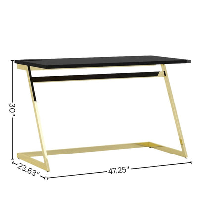 Black Writing Desk – 47.25 Inch Brass Plated Frame Computer Desk with USB