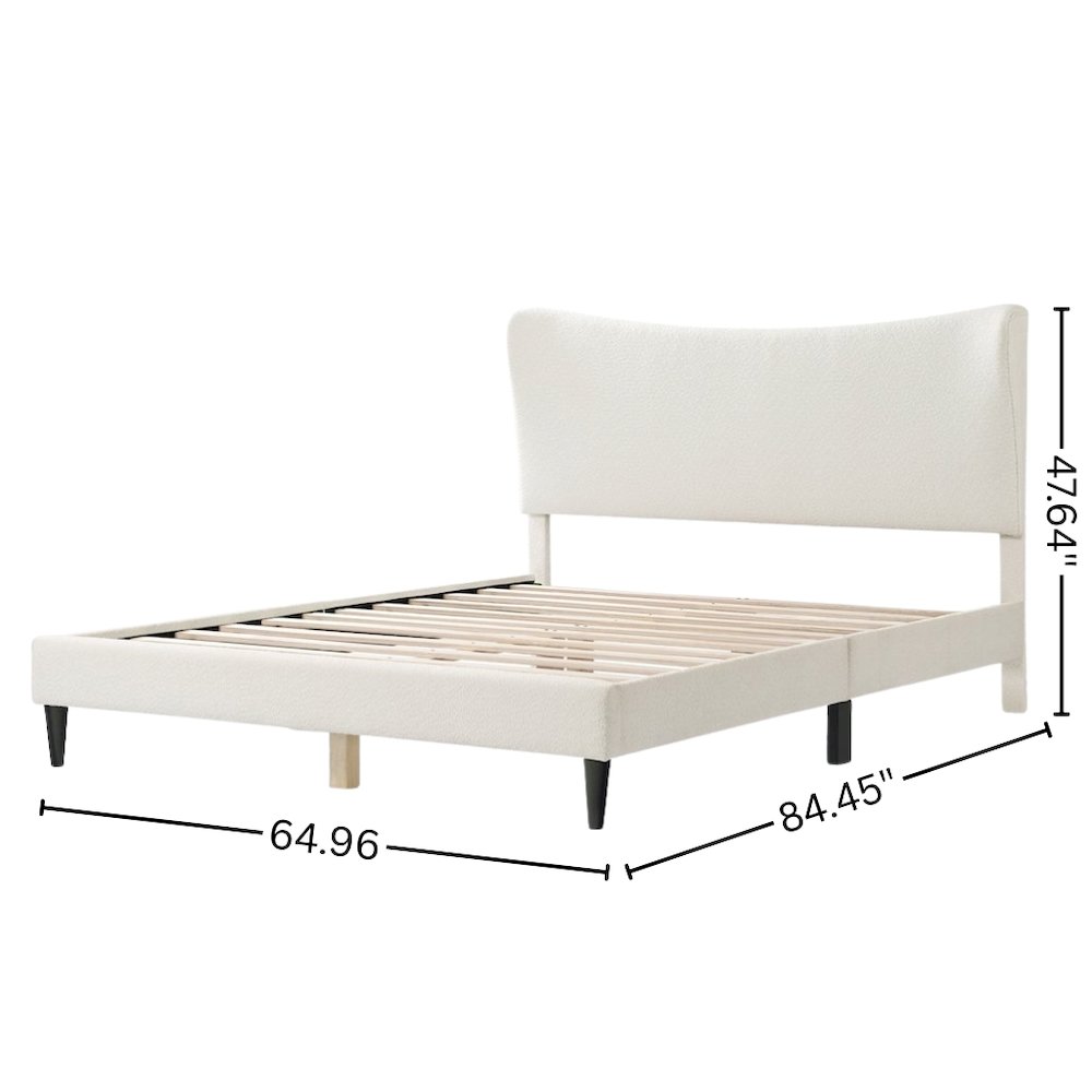 White Boucle Upholstered Queen Bed Frame with Headboard - Modern Style