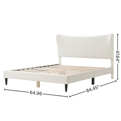 White Boucle Upholstered Queen Bed Frame with Headboard - Modern Style