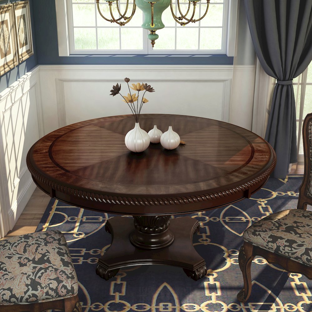 Ramsaran Wood Pedestal Round Dining Table in Brown Cherry