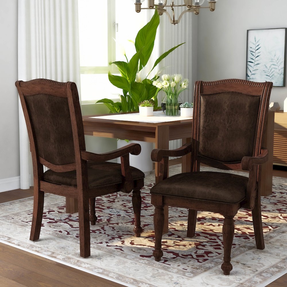 Alstroemeria Wood Faux Leather Arm Chair in Brown Cherry (Set of 2)