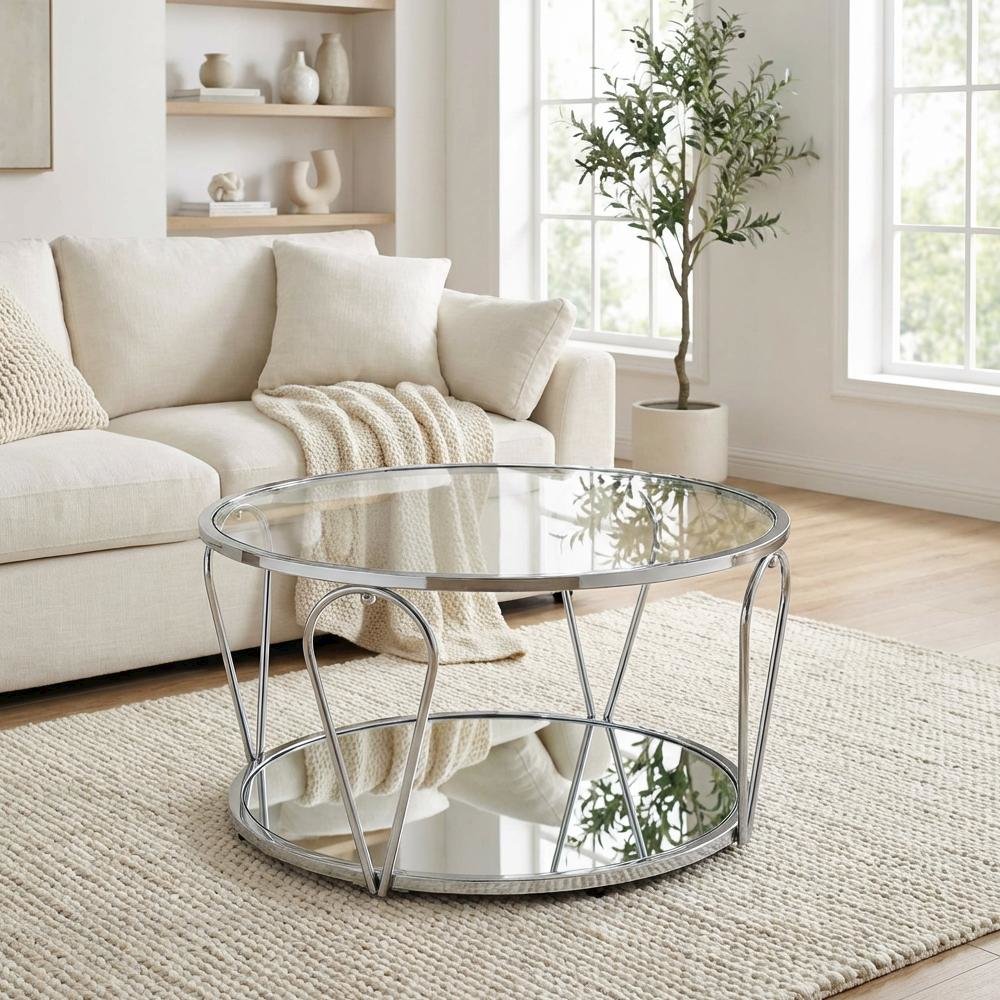 Silver Metal 1-Shelf Coffee Table with Tempered Glass and Mirror Surface