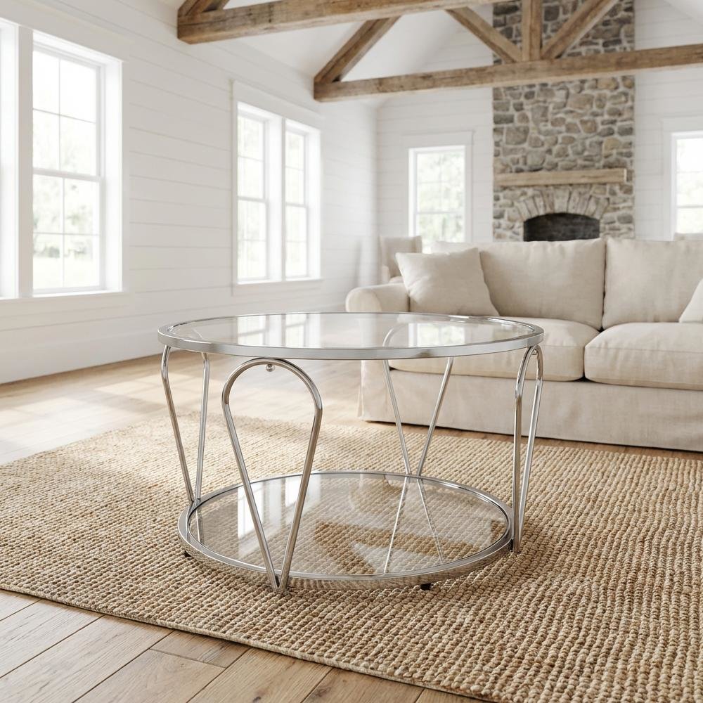 Silver Metal 1-Shelf Coffee Table with Tempered Glass and Mirror Surface