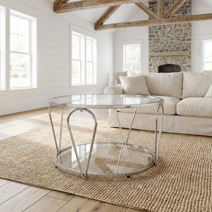 Silver Metal 1-Shelf Coffee Table with Tempered Glass and Mirror Surface