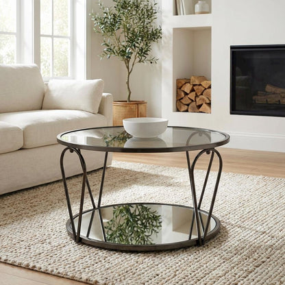 Gray Metal 1-Shelf Coffee Table with Tempered Glass and Mirror Accents