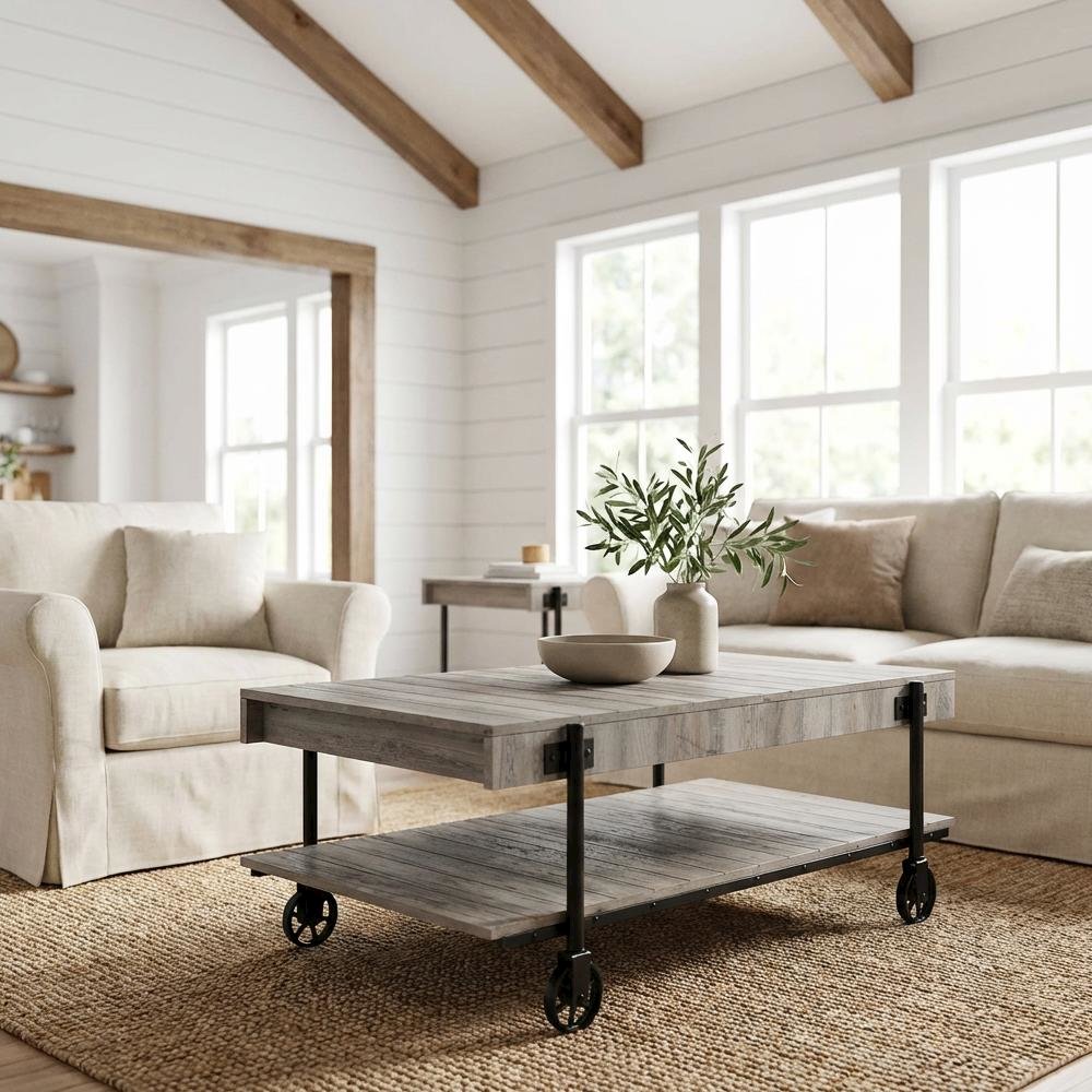 Brown 2-Piece Coffee Table Set with Wheels Steel and Engineered Wood Surface