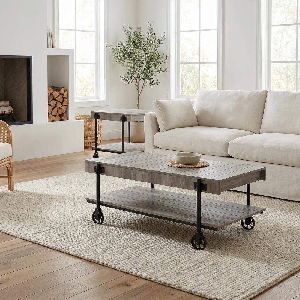 Brown 3-Piece Coffee Table Set with Wheels Steel and Wood Surfaces