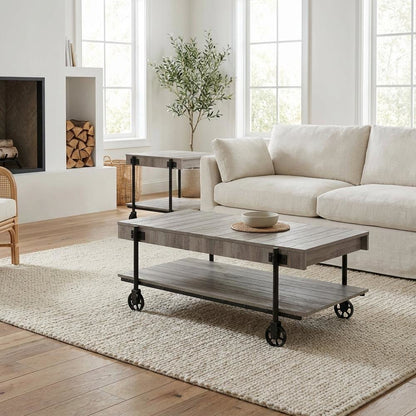 Brown 3-Piece Coffee Table Set with Wheels Steel and Wood Surfaces
