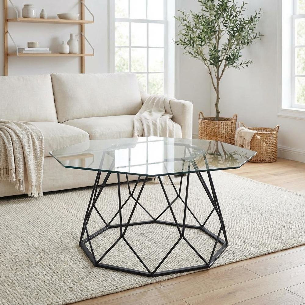 Black Steel Coffee Table with Tempered Glass Top and Modern Style