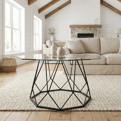 Black Steel Coffee Table with Tempered Glass Top and Modern Style