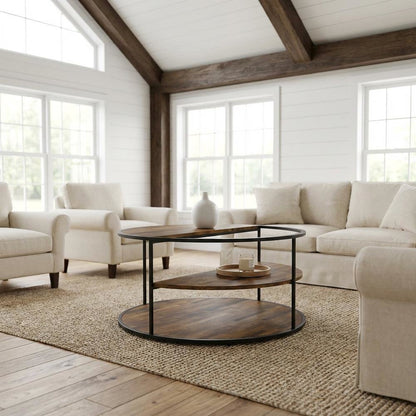 Black Round Coffee Table with Steel Frame and Paper Veneer Top