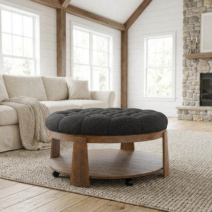 Gray Wood Round Coffee Table with Linen-Like Surface and Solid Wood Base