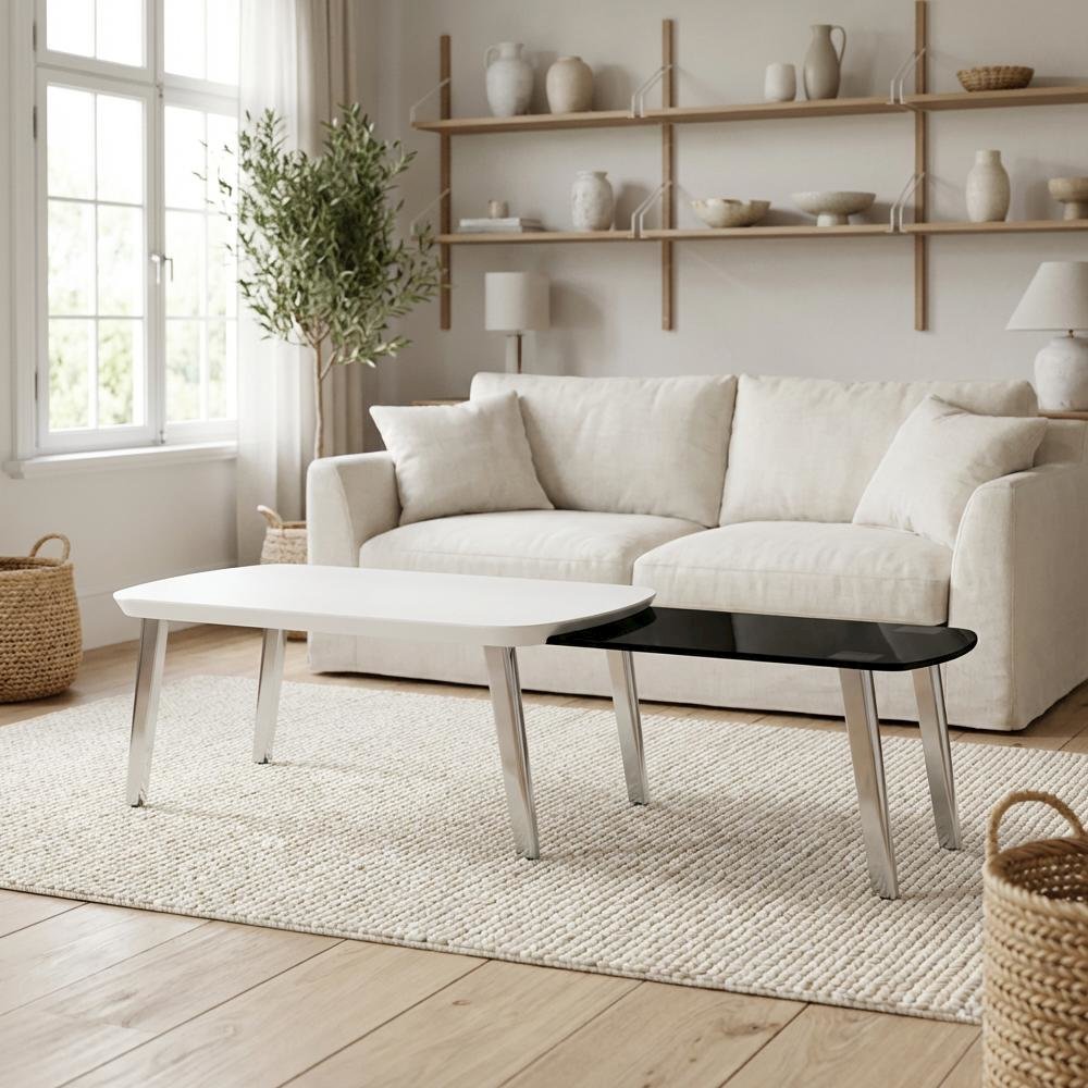 White Wood Nesting Coffee Table with Steel Frame and Tempered Glass Top
